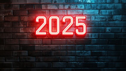 Fototapeta premium A vibrant neon sign displaying the year 2025, set against a textured dark brick wall background. The glowing red digits create a striking contrast with the surroundings.