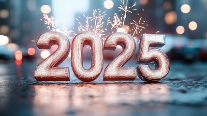 Celebratory scene showcasing the year 2025 illuminated by sparklers, set against a blurred urban backdrop. Perfect for New Year themes and festive occasions.