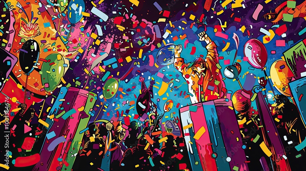 Wall mural dynamic parade scene with exaggerated floats confetti and colorful streamers