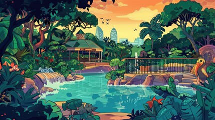 Vibrant zoo with exaggerated enclosures colorful plants and playful scenery ideal for text