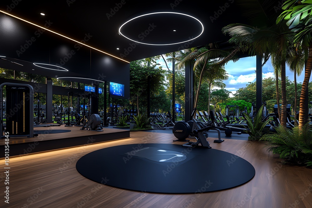 Poster 3D digital rendering of a modern gym, where users can explore the space, interact with the equipment, and even participate in virtual fitness classes in an immersive environment