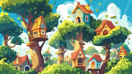 Lively treehouse village scene with oversized houses and foliage ideal for text