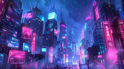 Neon cityscape with vibrant colors skyscrapers and glowing billboards in a high-tech setting