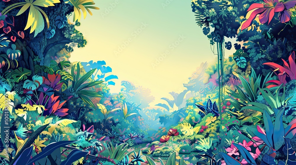 Poster Colorful jungle with exaggerated plants and whimsical animals in a vibrant dynamic landscape