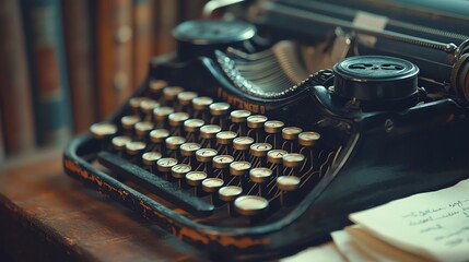 Close-up of an old vintage typewriter with a sheet of paper with handwritten text on the side.