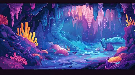 Fototapeta premium Exaggerated underwater cave with colorful stalactites and playful sea creatures