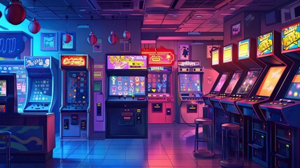 Vibrant amusement arcade with exaggerated game machines and bright playful lights