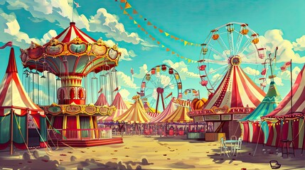 Cheerful carnival with exaggerated rides and colorful tents in a vibrant dynamic setting