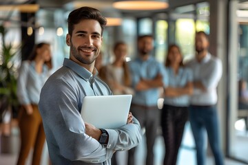 Confident Businessman Standing with Laptop and Team in Background