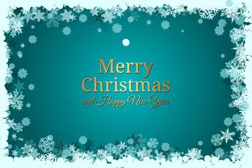 Merry Christmas and Happy New Year Card with Colorful Ornaments and Pine Branches on Cyan Background