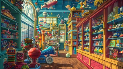 Vibrant toy store scene with oversized toys and colorful shelves providing space for text