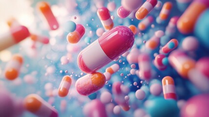 Vibrant Abstract Imagery of Colorful Medical Capsules in Dynamic Motion