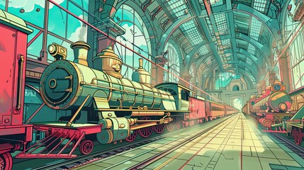 Obraz premium Bustling fantasy station with exaggerated trains and whimsical details perfect for text