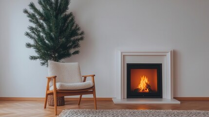 Living room with a large indoor pine tree next to a fireplace, pine tree living room, cozy and rustic