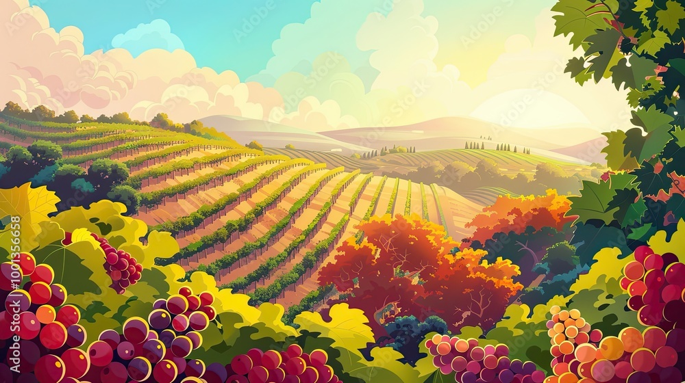 Poster Vibrant vineyard with colorful grape clusters and dynamic rows under a clear sky ideal for text