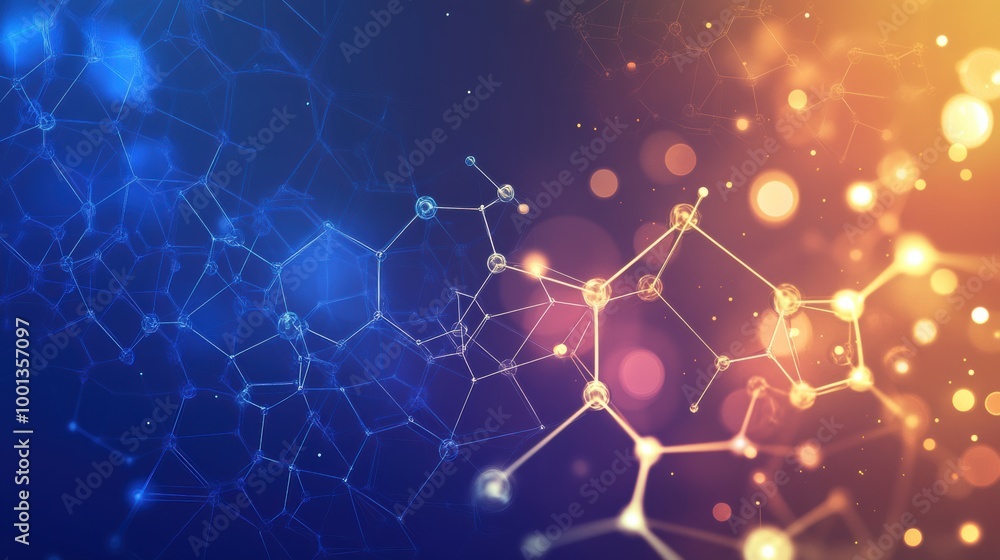 Poster Abstract representation of molecules and chemical structures against a vibrant blue and orange background. Generative AI