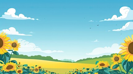 Whimsical sunflower field with colorful flowers and playful clouds under clear skies ideal for text
