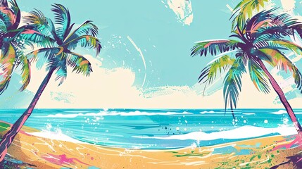 Naklejka premium Cartoonish tropical beach scene with oversized palms and vibrant sand under a bright sky perfect for text
