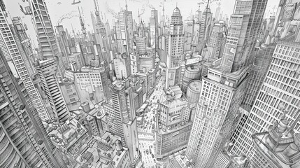 Intricate pencil-drawn cityscape with tall skyscrapers and detailed streets creating a monochromatic urban backdrop perfect for overlaying text