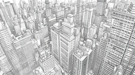 Hand-drawn pencil cityscape with bustling streets and tall buildings ideal for adding text over a monochrome background