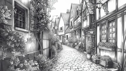 Obraz premium Charming village street scene rendered in fine pencil detail with flower boxes and cottages evoking a calm and timeless atmosphere