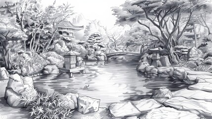 Meticulously detailed pencil-drawn Japanese garden with serene ponds bonsai and lanterns perfect for a calming and peaceful background