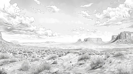 Meticulously detailed pencil sketch of a desert landscape with sand dunes and rocky formations perfect for a dramatic monochrome backdrop