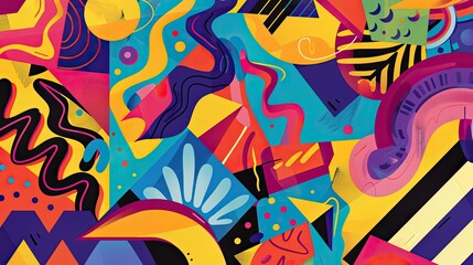 Obraz premium Fragmented geometric shapes and vivid color gradients in a playful 70s design