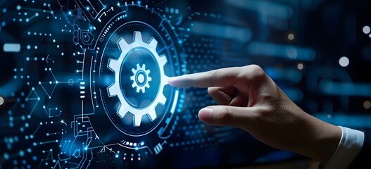Finger Pressing Gear Icon for Digital Growth and Automation.