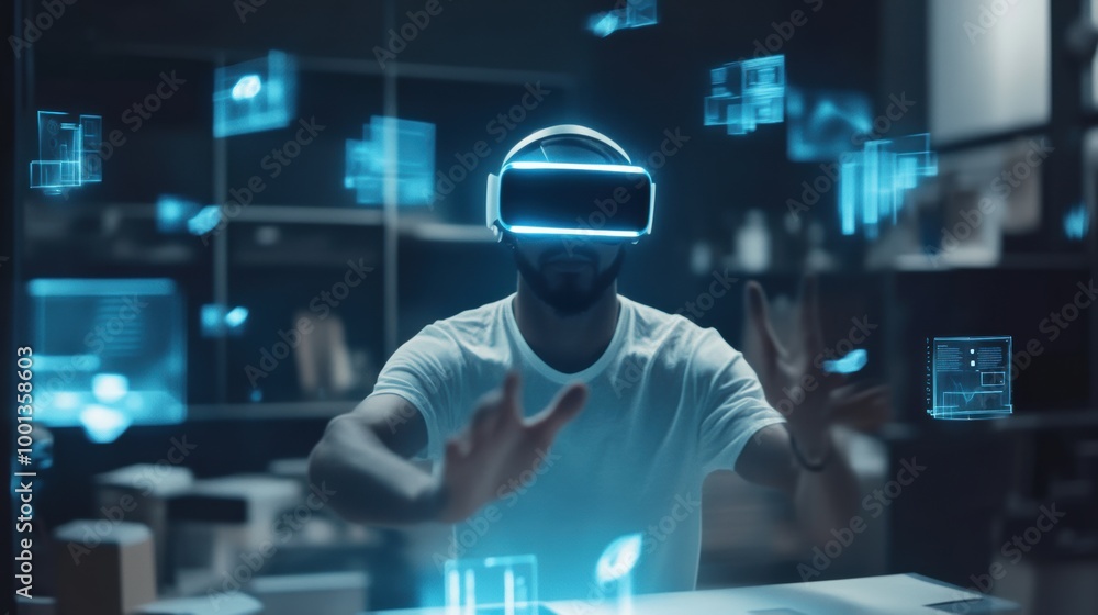 Poster a virtual reality designer engaged in immersive creation surrounded by floating 3d objects in a mode