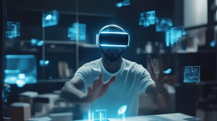 A virtual reality designer engaged in immersive creation surrounded by floating 3D objects in a modern studio environment. Generative AI