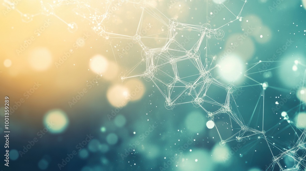 Poster An abstract representation of molecular structures and chemical bonds illuminated with soft, colorful light and bokeh effects. Generative AI