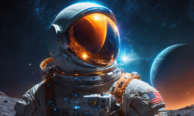 An astronaut stands on a desolate, rocky planet, gazing out at the vastness of space