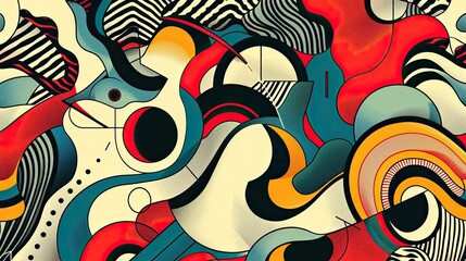 Obraz premium Bold geometric shapes bright hues and comic lines in a dynamic 70s wallpaper
