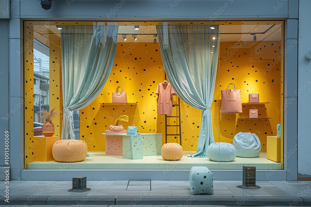 Poster a window display with a yellow background and green curtains