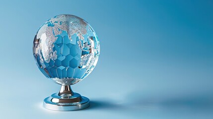 Globe-shaped crystal trophy with intricate engravings centered on light blue backdrop
