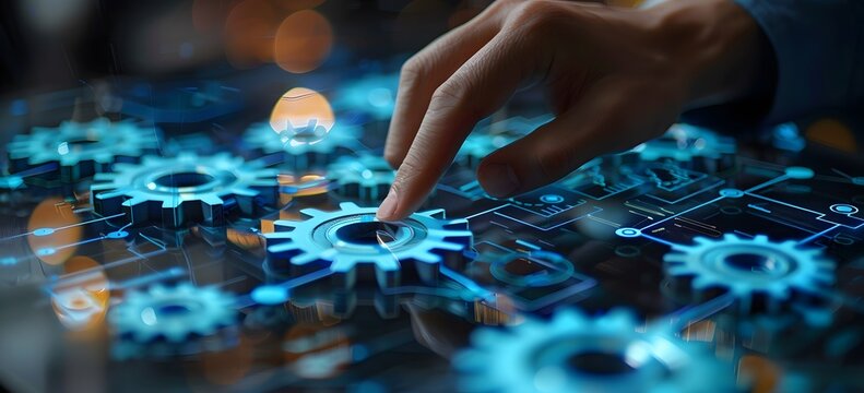 Hand Interacting with Futuristic Gears on Digital Interface - Powered by Adobe