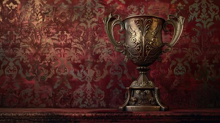 Wide bronze cup trophy with detailed engravings positioned on a deep burgundy backdrop