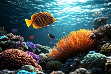 3D underwater coral reef, with vibrant fish swimming among highly detailed, digitally rendered corals in a pristine virtual ocean