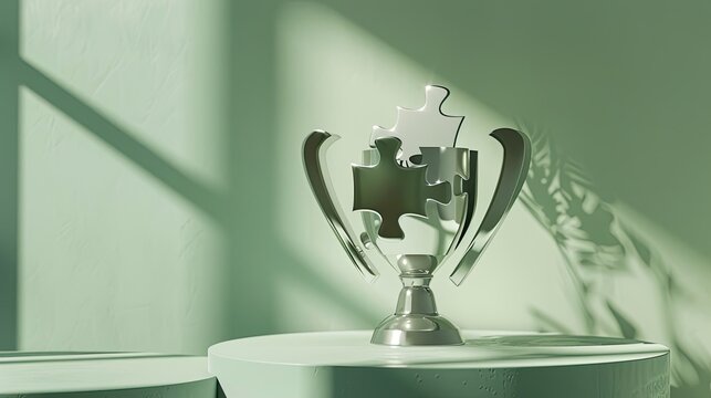 Silver trophy with puzzle piece design and textured surface positioned on mint green wallpaper