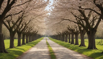 Obraz premium Breathtaking spring stroll through a cherry blossom-lined road with vibrant greenery and blooming flowers along the pathway