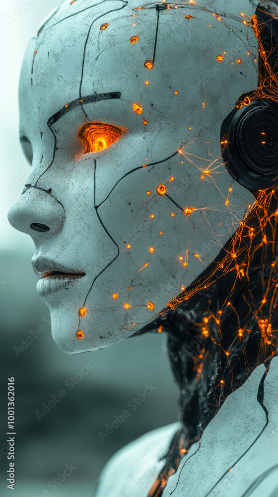 Poster futuristic ai robot head with glowing neural network connections, advanced artificial intelligence c