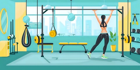 Fototapeta premium A modern gym interior featuring a woman exercising on a pull-up bar.