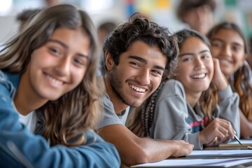 Happy Students Collaborate in a Casual Classroom Setting.