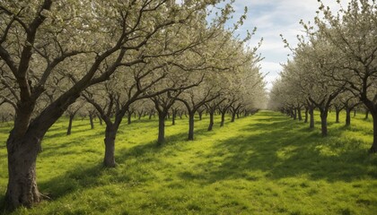 Obraz premium A tranquil spring day among blossoming orchard trees stretching endlessly under the bright blue sky