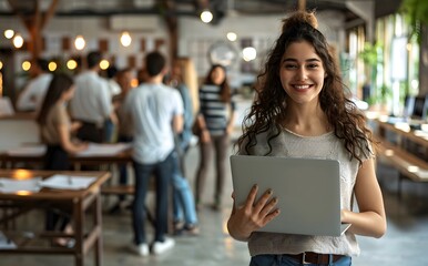 Happy Young Woman in Jeans Using Laptop in Startup Workspace