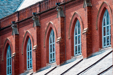Windows on the side of the church viewed from the outside