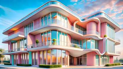 Colorful house in the city, barby house, futuristic architecture