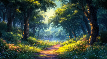 Obraz premium Enchanting Fantasy Forest Path Illuminated by Sunlight, Magical Woodland Scene with Lush Greenery, Flowers, and a Serene Trail Leading to a Hidden Destination