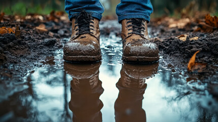Muddy Boots Reflection in Puddle: Conceptual Inner Turmoil and Muddiness, Outdoor Wet Earth Pathway